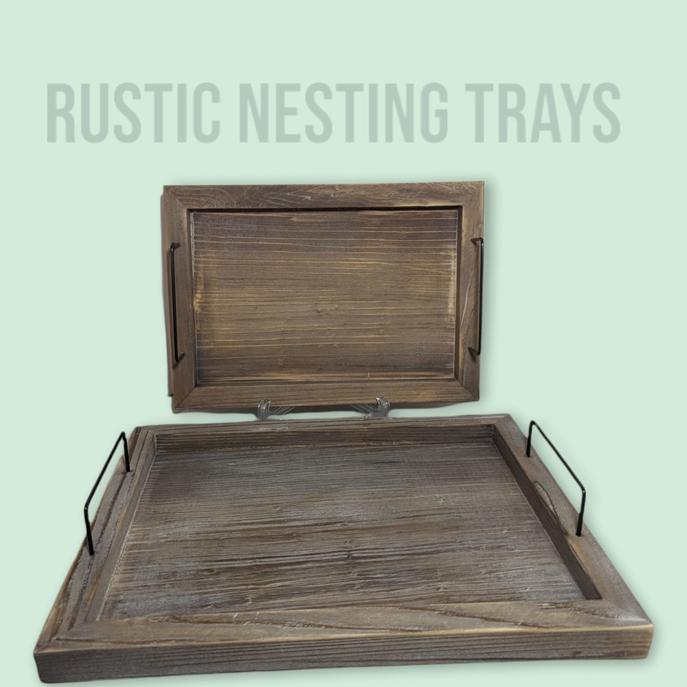 Set of 2 Country Rustic Brown Wood Finish Nesting Serving Trays w/ Metal Handles